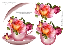 Floral Teacup & Saucer Decoupage Sheet - Peach Roses