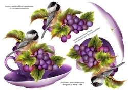 Floral Teacup & Saucer Decoupage Sheet - Bird & Purple Grapes
