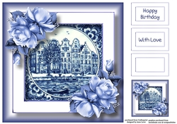 Delft Blue Tile & Roses 8 8x8