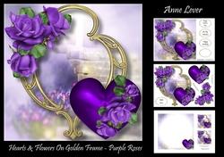 Hearts & Flowers On Golden Frame - Purple Roses
