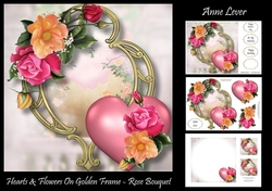 Hearts & Flowers On Golden Frame - Rose Bouquet
