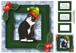 Meowy Christmas Cat - Black & White American Shorthair 8x8