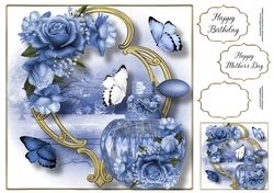 Perfume Bottle On Golden Frame - Beautiful Blue Blooms 8x8