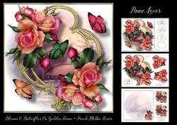 Blooms & Butterflies On Golden Frame - Peach & Melba Roses