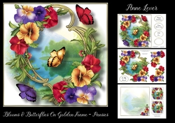 Blooms & Butterflies On Golden Frame - Pansies