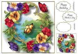 Blooms & Butterflies On Golden Frame - Pansies 8x8