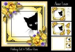 Peeking Cat With Yellow Roses