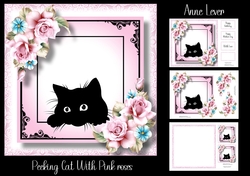 Peeking Cat With Pink Roses