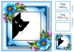 Peeking Cat With Blue Poppies 8x8