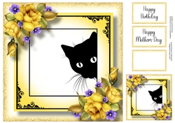 Peeking Cat With Yellow Roses 8x8