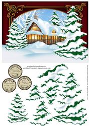 Snowy Christmas Cottage + Fir Tree Decoupage
