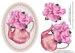 Beautiful Pink Roses in a Teapot Oval Topper