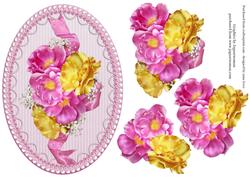 Gorgeous Pink & Yellow Roses on Pearl & Lace.