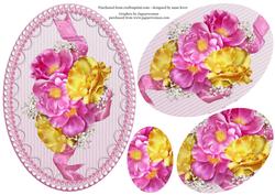 Pink & Yellow Roses on Pearl & Lace - Oval Pyramid