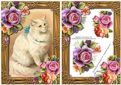 Vintage White Cat & English Roses