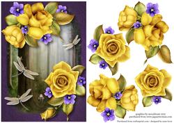 Yellow Roses, Violets & Dragonflies