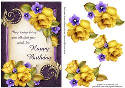 Yellow Roses & Violets Birthday Topper