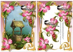 Art Nouveau Bird, Flowers & Wishing Well