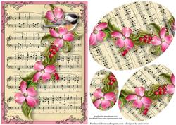 Vintage Sheet Music, Flowers & Bird Pyramid