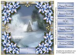 Snowy Log Cabin & Ice Blue Poinsettias