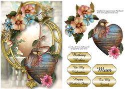 Wooden Heart, Summer Flowers & Golden Frame
