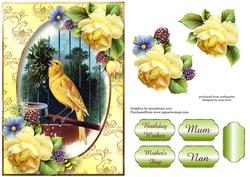 Vintage Singing Canary & Beautiful Yellow Roses