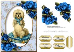 Vintage Dog on Cushion with Blue Roses