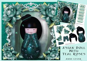 Asian Doll with Teal Roses