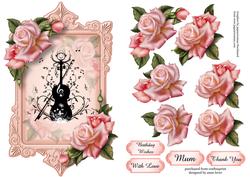 Pink Rose & Violin Flourish, Shaped Topper