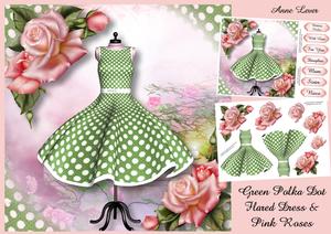 Green Polka Dot Flared Dress & Pink Roses