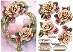 Champagne and Pink Roses & Golden Frame