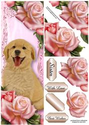 Large Dl Cute Puppy & Pink Roses