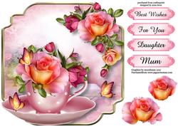 Teacup, Saucer & Peach Roses - Shaped Topper