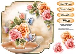 Teacup, Saucer & Rosy Glow Roses - Shaped Topper
