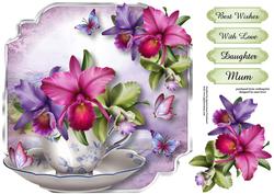 Teacup, Saucer & Orchids - Shaped Topper