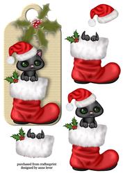 Dl Christmas Tag Topper - Santa Boot Kitty
