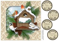 Christmas Birdhouse with Robins and Chickadees