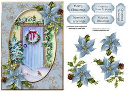 Watercolour Christmas Door, Wreath & Poinsettias