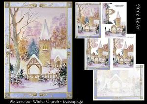 Watercolour Winter Church + Decoupage