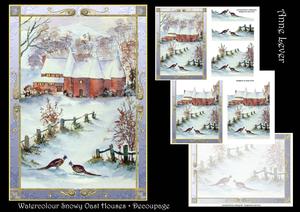 Watercolour Snowy Oast Houses + Decoupage