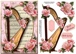 Gorgeous Harp with Sheet Music & Pink Roses