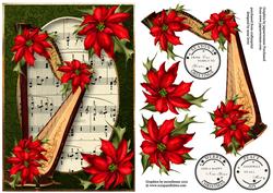 Christmas Harp with Sheet Music & Red Poinsettias