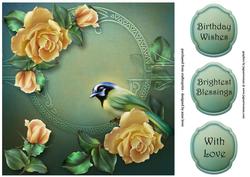 Green Jay & Yellow Roses Square Topper