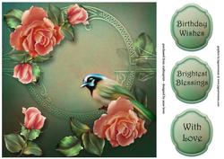 Green Jay & Pink Roses Square Topper