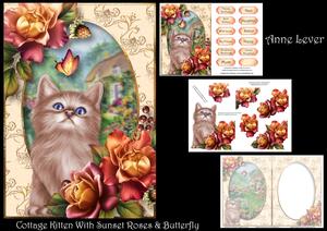 Cottage Kitten with Sunset Roses & Butterfly