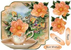 Teacup, Saucer & Peach Roses - Shaped Topper