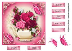 Teapot, Pink Roses & Butterflies 7x7 Square