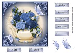 Teapot, Blue Roses & Butterflies 7x7 Square