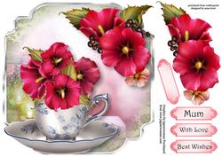 Teacup, Saucer & Pink Summer Flowers - Shaped Topper