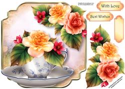 Teacup, Saucer & Peach Begonias - Shaped Topper